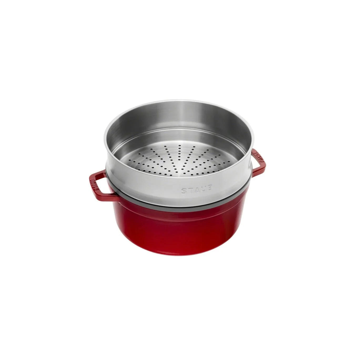 Staub Cocotte Med Dampindsats 26 Cm, Rund, Kirsebærrød, Støbejern - Billede 5