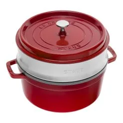 Staub Cocotte Med Dampindsats 26 Cm, Rund, Kirsebærrød, Støbejern