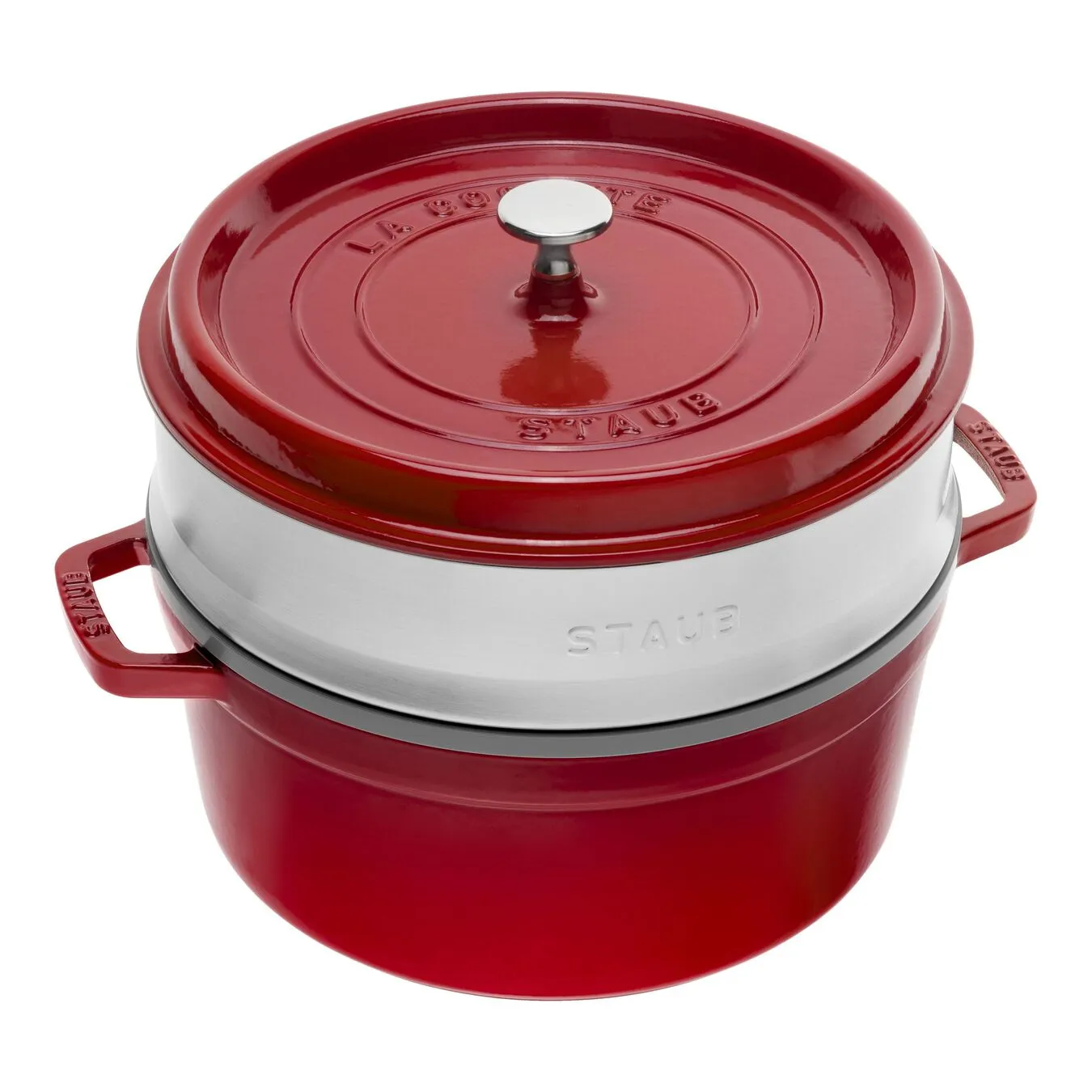 Staub Cocotte Med Dampindsats 26 Cm, Rund, Kirsebærrød, Støbejern