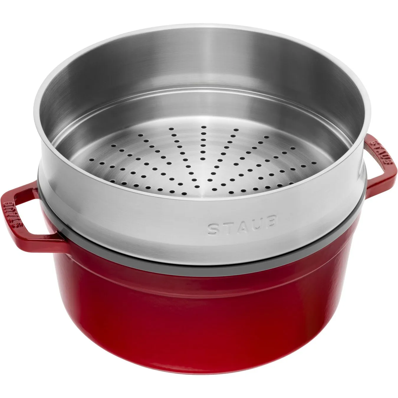 Staub Cocotte Med Dampindsats 26 Cm, Rund, Kirsebærrød, Støbejern - Billede 6