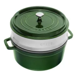 Staub Cocotte Med Dampindsats 26 Cm, Rund, Basilikum-Grøn, Støbejern